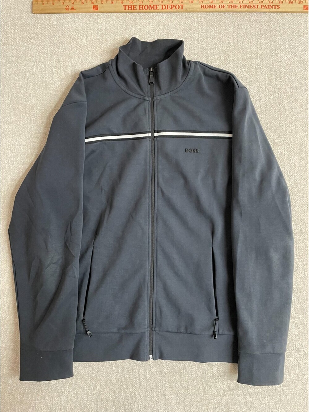 BOSS Hugo Boss Mens Full Zip Track Jacket Gray White Stripe Size XXL